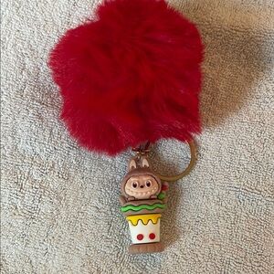 Red Pom Pom Keychain with Cute Cartoon labubu ice cream figure